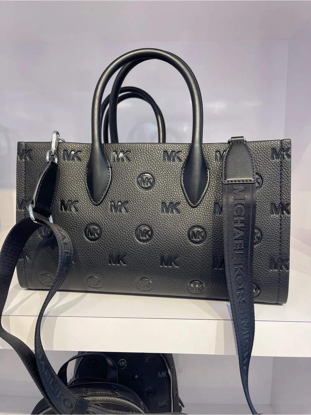 Michael Kors Mirella Md Logo Debossed EW Top Zip Satchel Shoulder Tote Black NWT
